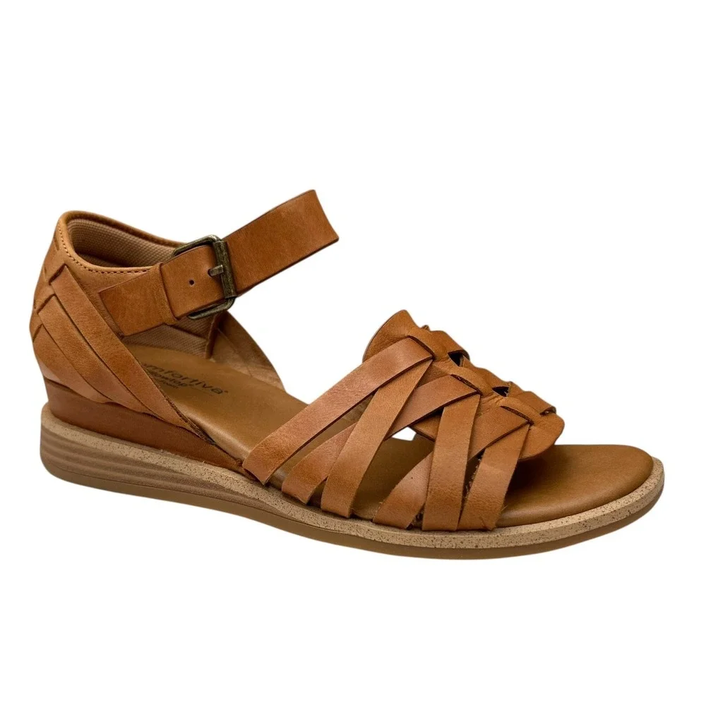 Comfortiva Marina Women's Leather Wedge Sandal‎ Size 8 Wide Brown Open Toe Shoes